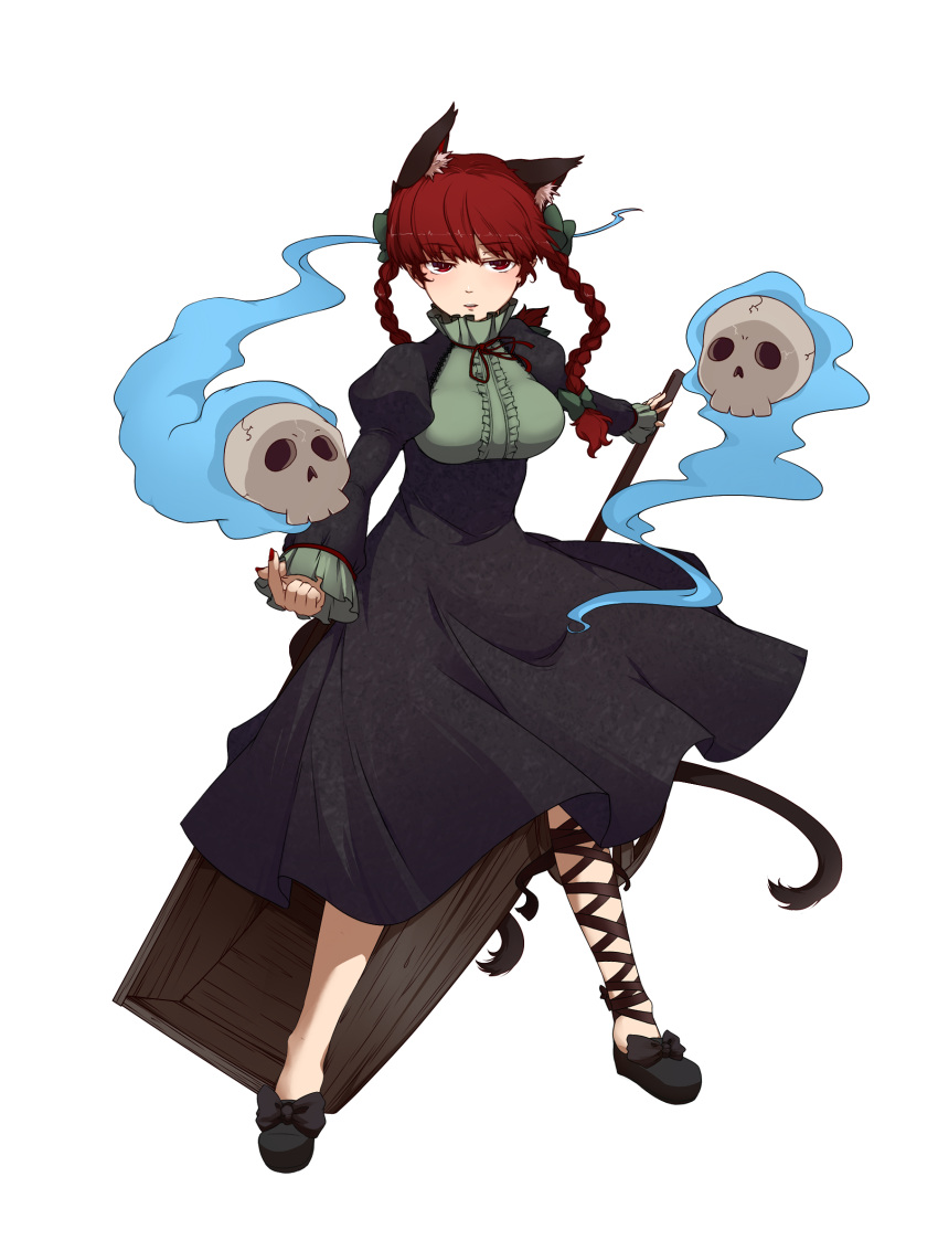 1girl absurdres animal_ears bow braid cart cat_ears cat_tail dress flaming_skull hair_bow highres kaenbyou_rin long_hair red_eyes redhead simple_background solo tail touhou twin_braids white_background wino