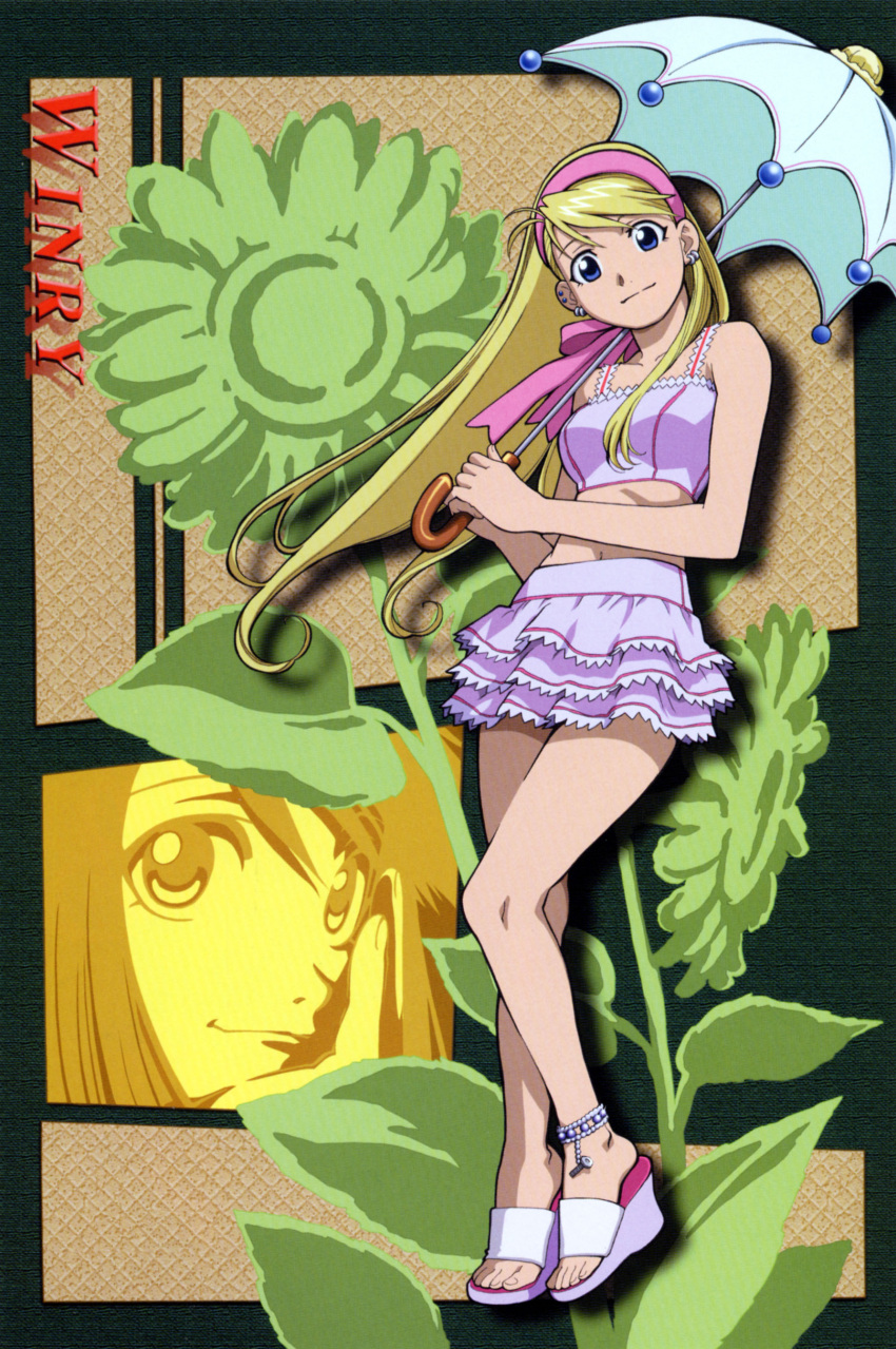 anklet bandeau blonde_hair blue_eyes earrings flower fullmetal_alchemist hairdressing highres jewelry long_hair midriff sandals skirt tubetop umbrella winry_rockbell