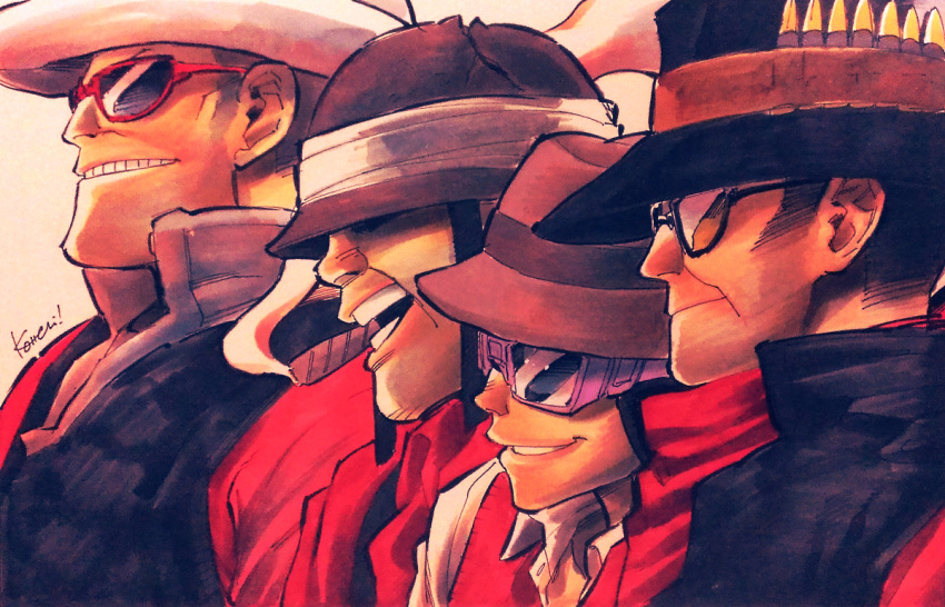 4boys bullet grin hat helmet kotteri male multiple_boys open_mouth profile signature smile sunglasses team_fortress_2 the_heavy the_scout the_sniper the_soldier