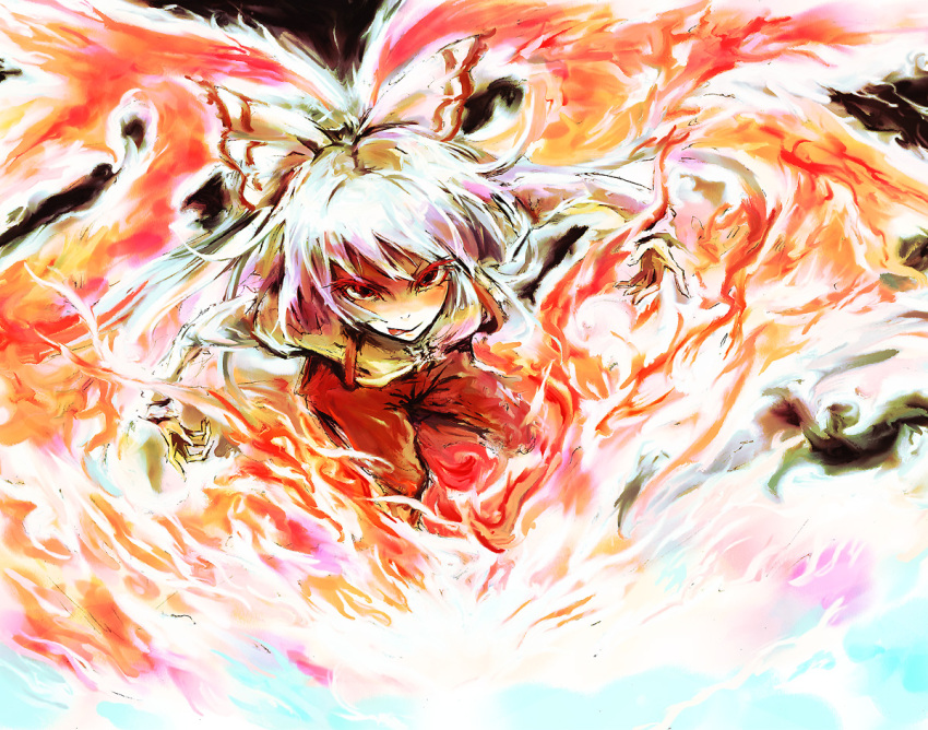 :q a_s ast bow colored_eyelashes eyelashes fiery_wings fire fujiwara_no_mokou hair_bow hair_ribbon long_hair looking_at_viewer ribbon silver_hair solo suspenders tongue touhou