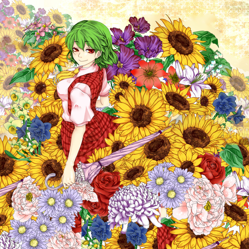 breasts closed_umbrella daffodil flower flower_request from_above green_hair highres kazami_yuuka lily_of_the_valley looking_back looking_up nanami_(artist) plaid plaid_skirt plaid_vest red_eyes red_rose rose short_hair skirt skirt_set smile solo sunflower touhou umbrella violet_(flower)