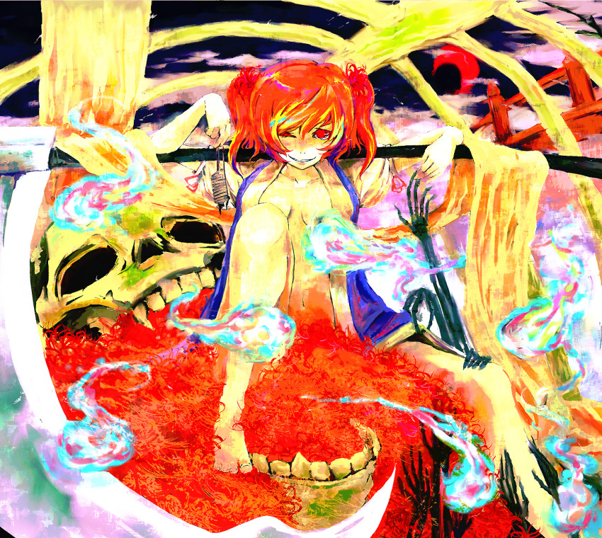 a_s ast barefoot bridge coin flower highres looking_at_viewer navel onozuka_komachi open_clothes red_eyes red_hair redhead scythe short_hair skull smile solo spider_lily touhou twintails wink