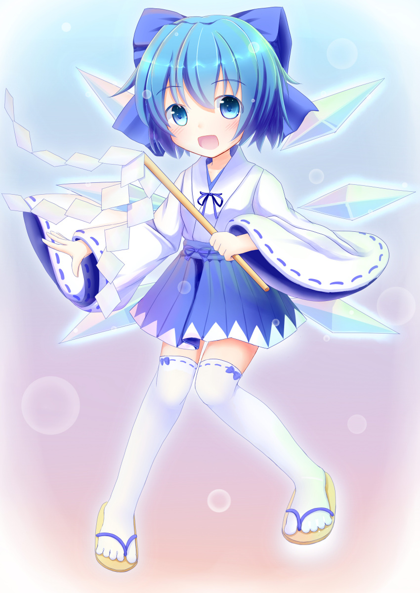 1girl absurdres alternate_costume blue_eyes blue_hair bow choko_(mixberry_parfait) cirno gohei hair_bow highres open_mouth over-kneehighs sandals smile solo touhou white_legwear wide_sleeves wings