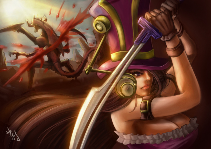1girl armband armor belt blood breasts brown_hair caitlyn_(league_of_legends) cho'gath cleavage gloves hat imura_liu large_breasts league_of_legends lips long_hair monster signature spikes sword tail violet_eyes weapon