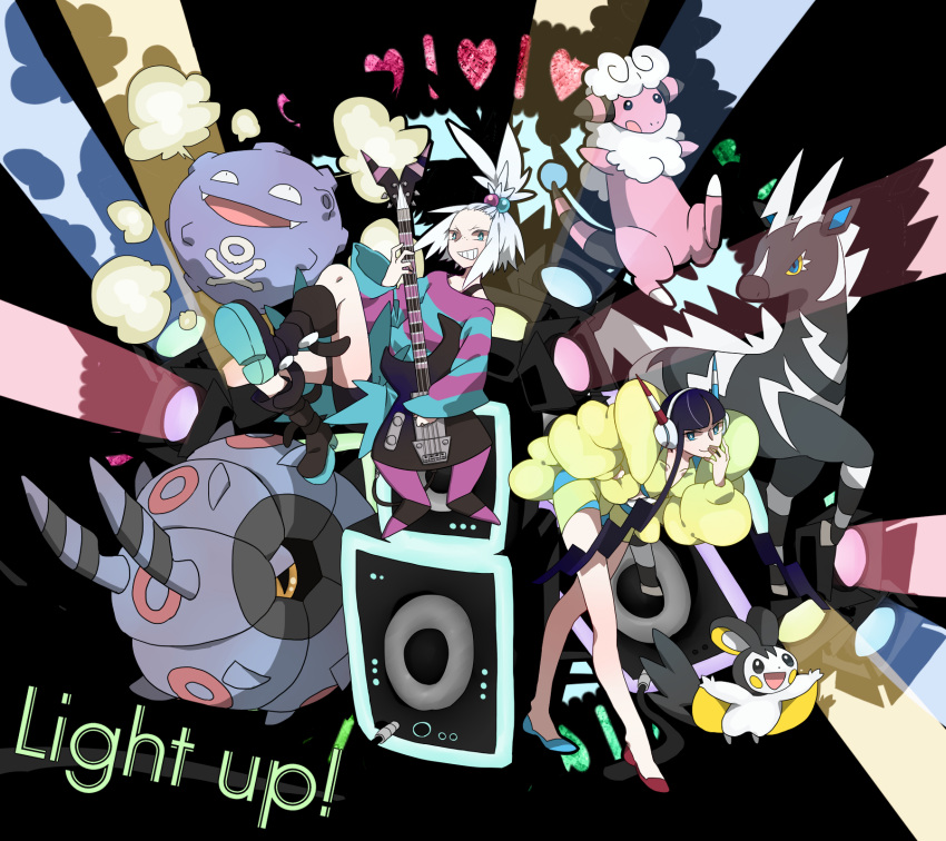 2girls bare_legs black_hair boots dress emolga english flaaffy fur_coat grin guitar gym_leader hair_bobbles hair_ornament headphones homika_(pokemon) instrument kamitsure_(pokemon) koffing kogecha long_hair looking_at_viewer loudspeaker minidress mismatched_footwear multiple_girls pokemon pokemon_(creature) pokemon_(game) pokemon_bw2 smile spotlight striped striped_dress topknot whirlipede white_hair wide_sleeves zebstrika