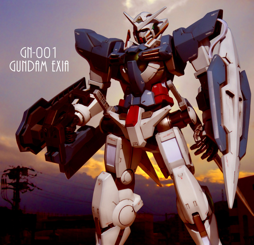 beam_rifle character_name exia gun gundam gundam_00 mecha no_humans power_lines shield solo street sunset sword weapon