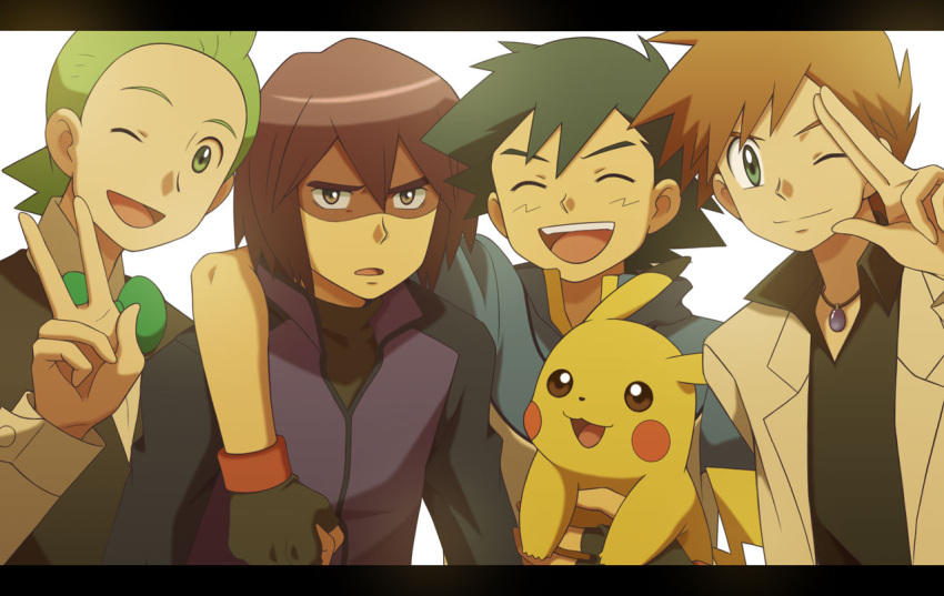 4boys black_hair bowtie brown_eyes brown_hair clenched_hand closed_eyes cyaneko dent_(pokemon) fingerless_gloves gloves green_eyes green_hair jewelry labcoat looking_at_viewer male multiple_boys necklace no_hat no_headwear ookido_shigeru open_mouth pikachu pokemon pokemon_(anime) pokemon_(creature) purple_hair satoshi_(pokemon) shinji_(pokemon) simple_background smile tagme v white_background wink