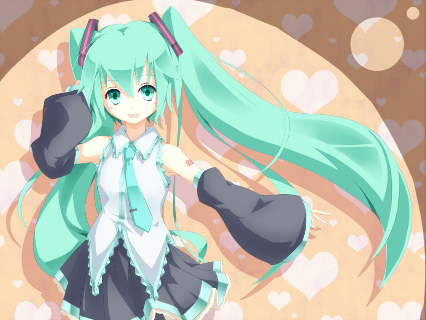 1girl asu_tora green_eyes green_hair hatsune_miku heart long_hair looking_at_viewer open_mouth skirt smile solo twintails vocaloid