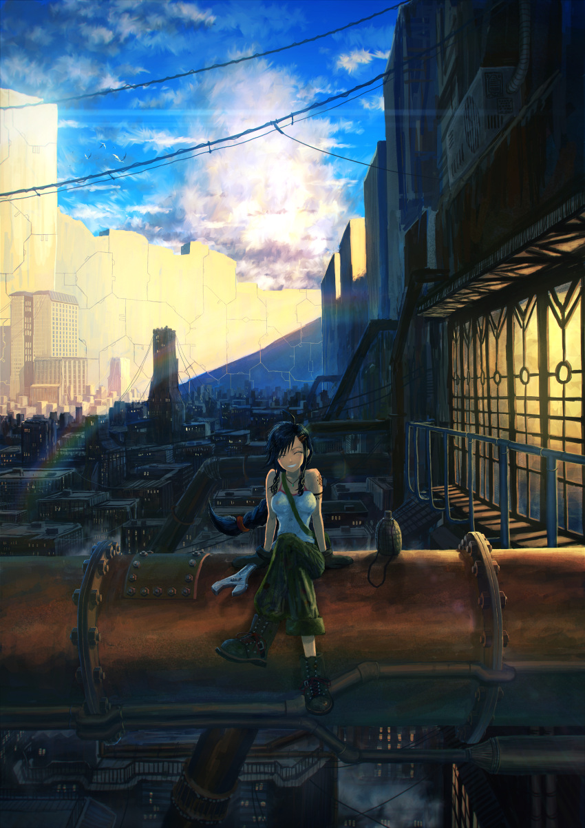 1girl ^_^ absurdres ahoge arm_support bare_shoulders bird black_hair boots cable city cityscape closed_eyes clouds crossed_legs flask gloves hair_ornament hairclip highres long_hair original pants pipes sitting sky smile solo stream tattoo tomok1 wrench