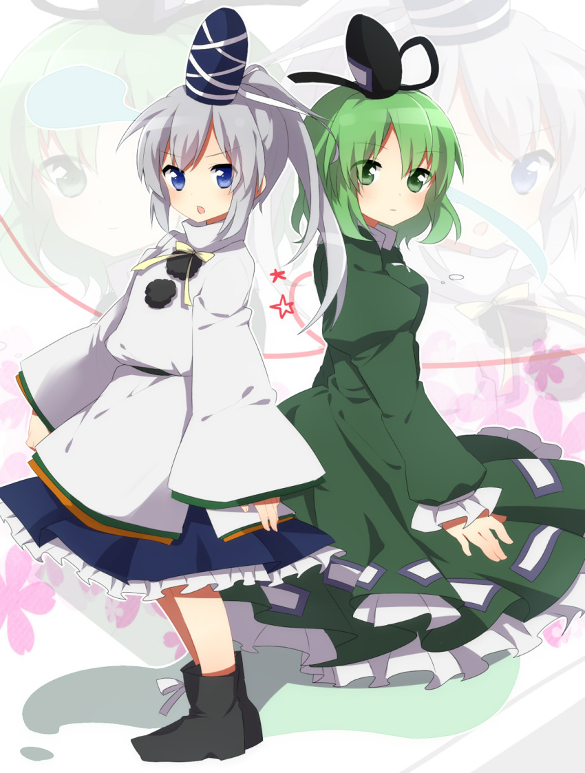 2girls blue_eyes boots cherry_blossoms dress frills ghost_tail green_dress green_eyes green_hair hands_on_lap hat heart heart_of_string high_collar highres hitodama japanese_clothes looking_at_viewer mononobe_no_futo multiple_girls open_mouth pom_pom_(clothes) ponytail ribbon saibi short_hair silver_hair simple_background sleeves_past_wrists soga_no_tojiko standing star tate_eboshi touhou white_background wide_sleeves zoom_layer