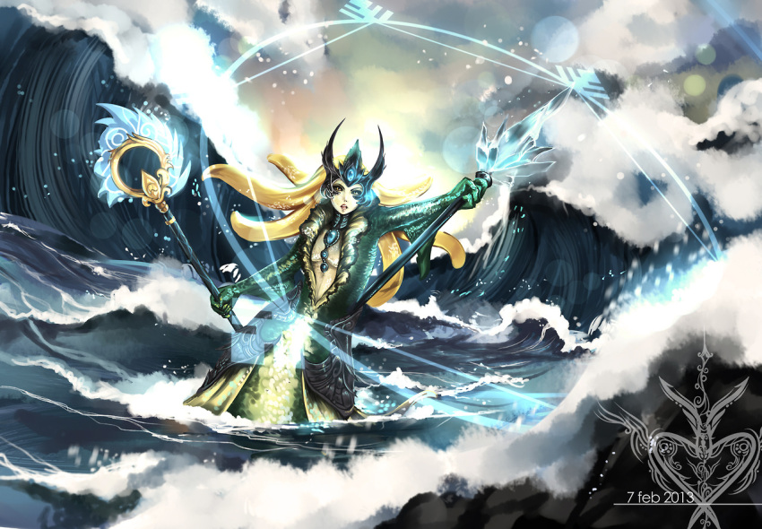 1girl black_sclera blonde_hair center_opening dated dual_wielding forehead_jewel hannah_santos highres horned_helmet league_of_legends lens_flare long_hair magic_circle mermaid monster_girl nami_(league_of_legends) ocean pale_skin scales solo staff waves yellow_eyes