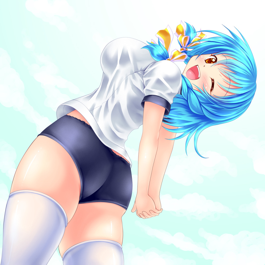 1girl :d ass big_ass blue_hair bow braid breasts buruma hair_bow hands_clasped huge_ass kogarashi_(wind_of_winter) large_breasts leaning_back looking_at_viewer open_mouth original simple_background smile t-shirt teeth thigh-highs thighs white_background white_legwear wink yellow_eyes