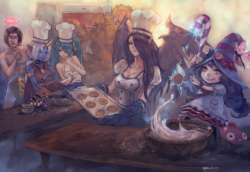 1boy 4girls bare_shoulders black_wings blitzcrank breasts brown_hair chef_hat cleavage cupcake earrings hat jewelry large_breasts league_of_legends lulu_(league_of_legends) morgana multiple_girls nude opiu oven oven_mitts sona_buvelle soraka table taric wings