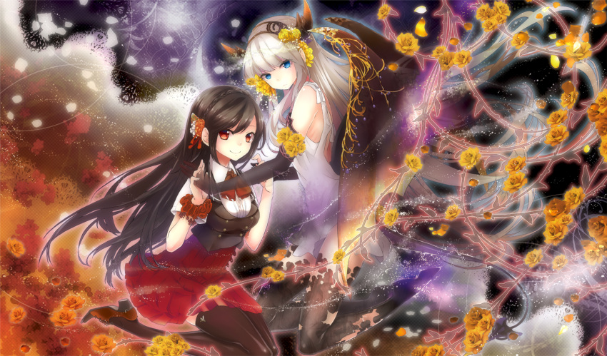 2girls black_hair blue_eyes blush dress elbow_gloves flower gloves hair_flower hair_ornament hands_together long_hair looking_at_viewer multiple_girls plastick red_eyes silver_hair smile thigh-highs torn_clothes transparent