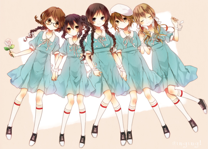 5girls akiyama_mio alternate_hairstyle bandages beret bespectacled black_eyes black_hair blonde_hair blue_dress blue_eyes bow braid brown_eyes brown_hair closed_eyes dress flower glasses hair_bow hair_ribbon hat highres hirasawa_yui holding_hands interlocked_fingers k-on! k-on!_movie kneehighs kotobuki_tsumugi long_hair low_twintails lying multiple_girls nakano_azusa naoto_(tulip) on_back ribbon rose shoes short_hair singing! smile sneakers tainaka_ritsu twin_braids twintails white_legwear white_rose