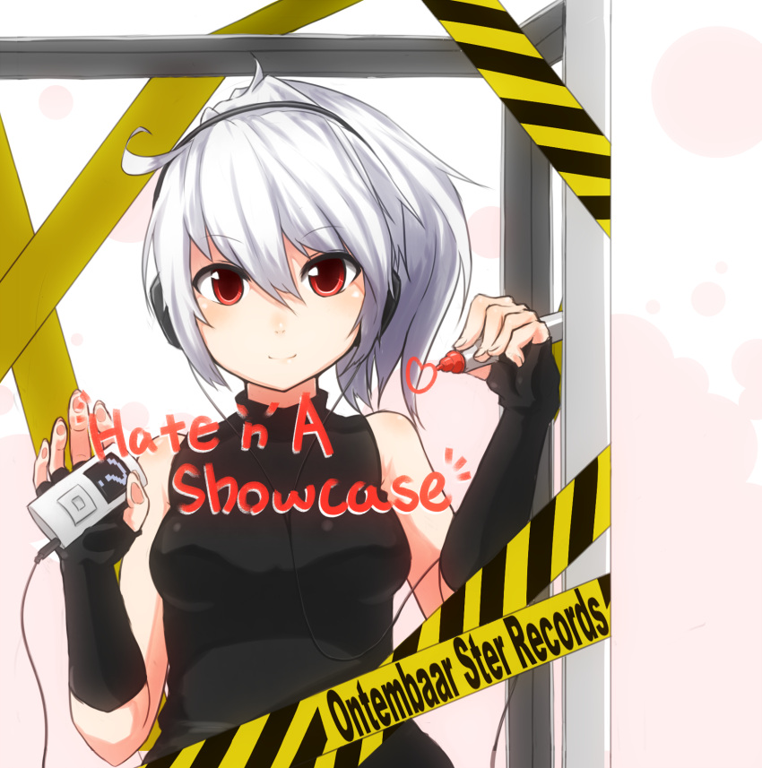 1girl against_glass album_cover bare_shoulders breasts cover digital_media_player elbow_gloves fingerless_gloves gloves headphones highres long_hair marker original police_tape ponytail red_eyes silver_hair sleeveless smile solo wakuwakusan