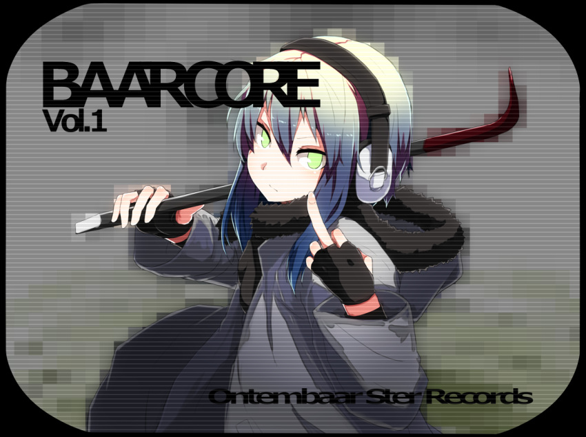 1girl album_cover blue_hair coat cover crowbar download_link fingerless_gloves gloves green_eyes headphones hood_down looking_at_viewer middle_finger original over_shoulder payot scanlines scarf wakuwakusan weapon weapon_over_shoulder