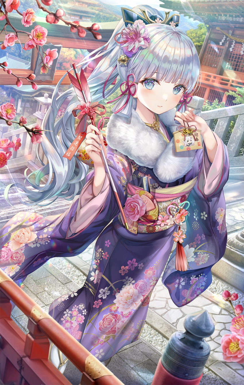1girl architecture arrow_(projectile) bangs blue_eyes blunt_bangs blush commentary_request day east_asian_architecture eyebrows_visible_through_hair floral_print flower fur-trimmed_kimono fur_trim genshin_impact hair_flower hair_ornament highres holding holding_arrow japanese_clothes kamisato_ayaka kimono long_hair long_sleeves looking_at_viewer mole mole_under_eye outdoors paimon_(genshin_impact) parted_lips ponytail print_kimono purple_kimono red_flower silver_hair solo stairs standing tabi torino_akua very_long_hair white_legwear