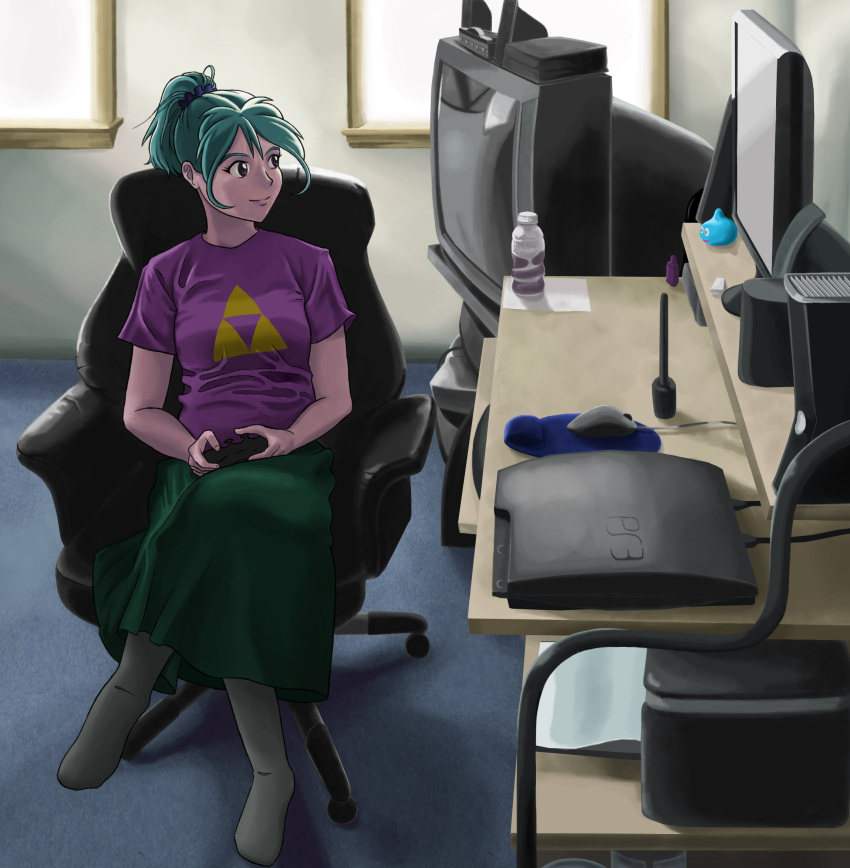 1girl casual computer controller crossed_legs crt desk dragon_quest game_controller gamepad giga_girl_(rurounizel) green_hair highres long_hair monitor no_shoes original playing_games playstation_3 ponytail printer rurounizel sitting skirt slime_(dragon_quest) small_breasts socks solo t-shirt television triforce violet_eyes xbox_360