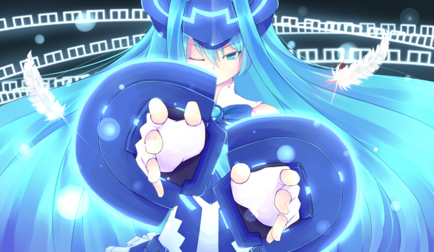 1girl blue_eyes blue_hair fingerless_gloves gauntlets gloves headgear long_hair solo vividblue vividred_operation wink