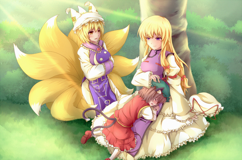 3girls animal_ears blonde_hair blush bow breasts brown_hair cat_ears cat_tail chen closed_eyes dress fox_ears fox_tail hair_bow hat hat_removed headwear_removed jewelry kaiyi light lying multiple_girls multiple_tails on_stomach open_mouth ribbon short_hair sitting skirt smile tail tears touhou tree violet_eyes yakumo_ran yakumo_yukari yellow_eyes