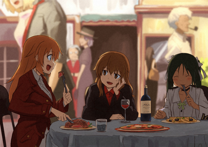 3girls :d ^_^ blue_eyes brown_eyes brown_hair chair charlotte_e_yeager closed_eyes cup eating fernandia_malvezzi food fork francesca_lucchini green_hair hand_on_another's_cheek hat knife multiple_girls open_mouth pizza restaurant shiba_murashouji sitting smile smoking_pipe strike_witches wine wine_glass