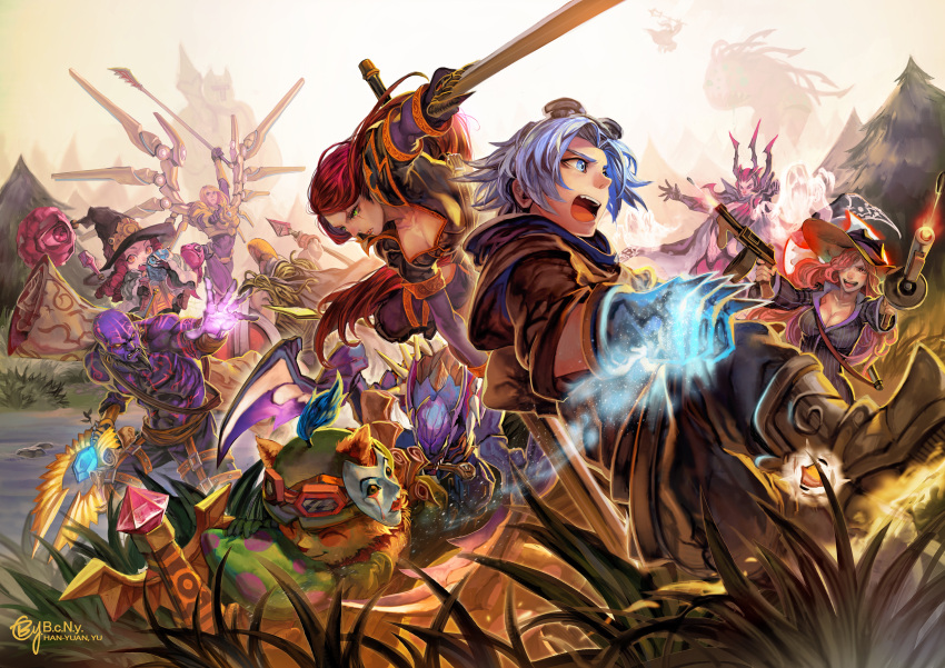 5boys 5girls absurdres armor artist_name b.c.n.y. baron_nashor beard blade blue_eyes blue_hair boots breasts cape cleavage elise_(league_of_legends) ezreal facial_hair ghost goggles goggles_on_head grass green_eyes gun hair_over_one_eye hat highres katarina_du_couteau kayle kha'zix league_of_legends long_hair lulu_(league_of_legends) mask multiple_boys multiple_girls open_mouth pantheon_(league_of_legends) polearm purple_skin redhead ryze sarah_fortune scar scroll shield short_hair spear tattoo teemo weapon wings witch_hat yellow_eyes