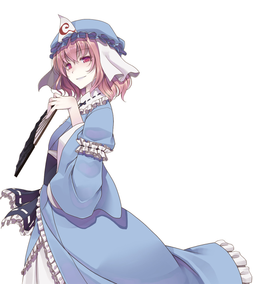 1girl armband crote fan frills hat highres holding japanese_clothes long_sleeves looking_at_viewer obi pink_eyes pink_hair saigyouji_yuyuko short_hair simple_background smile solo touhou transparent_background triangular_headpiece