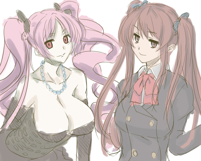 akazawa_izumi another artist_request breasts brown_hair cleavage crossover jewelry necklace pink_hair red_eyes shiki shimizu_megumi sketch