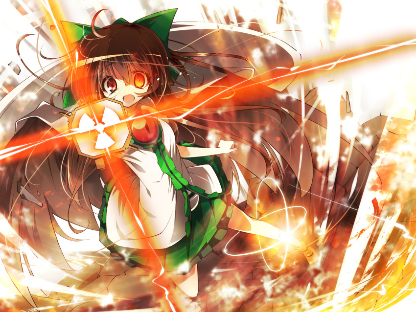 1girl arm_cannon bow brown_hair cape glowing glowing_eye hair_bow highres itsutsuki long_hair open_mouth red_eyes reiuji_utsuho skirt solo tears touhou weapon wings