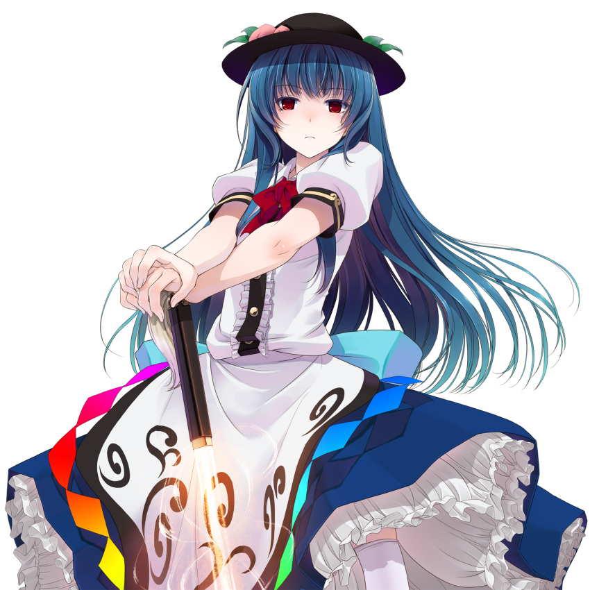 1girl blue_hair bow crote expressionless food frills fruit hat highres hinanawi_tenshi long_hair looking_at_viewer peach puffy_sleeves red_eyes shirt short_sleeves simple_background skirt solo sword_of_hisou thigh-highs touhou transparent_background white_legwear