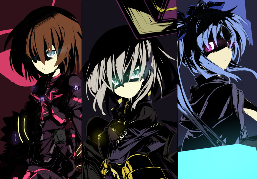 3girls armor blue_eyes blue_hair brown_hair bygddd5 cape crossed_arms glowing glowing_eyes green_eyes grey_hair hair_ribbon highres lyrical_nanoha magical_girl mahou_shoujo_lyrical_nanoha mahou_shoujo_lyrical_nanoha_a's mahou_shoujo_lyrical_nanoha_a's_portable:_the_battle_of_aces material-d material-l material-s multiple_girls puffy_sleeves ribbon short_hair tome_of_the_purple_sky twintails violet_eyes