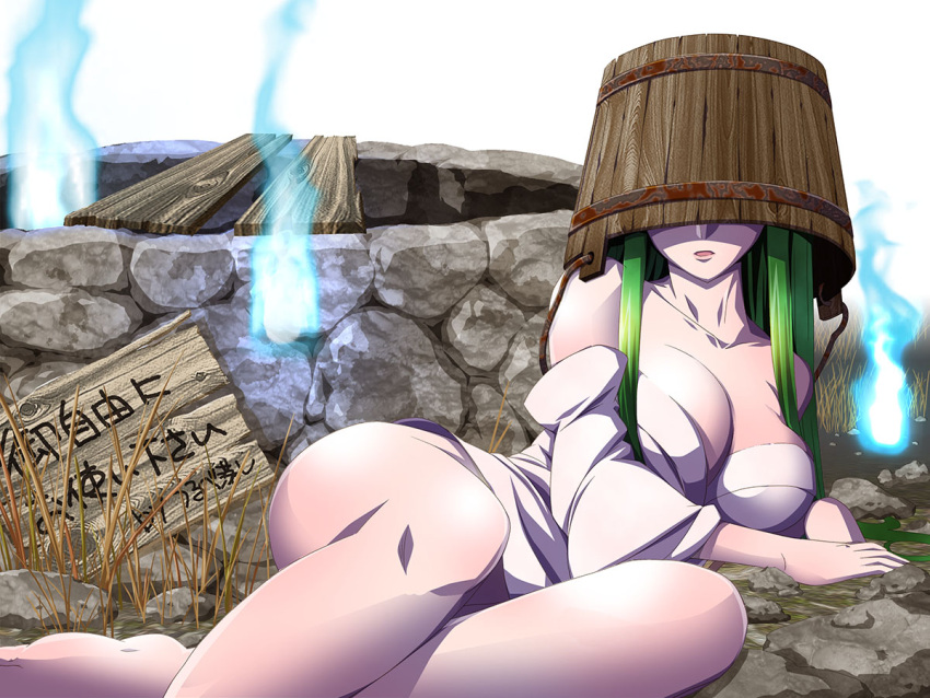 1girl adult bare_legs barefoot breasts bucket bucket_on_head chamupei cleavage collarbone ghost green_hair japanese_clothes kimono kisume large_breasts long_hair lying object_on_head off_shoulder on_back on_side open_mouth sign solo touhou translation_request undersized_clothes well wide_sleeves yukata