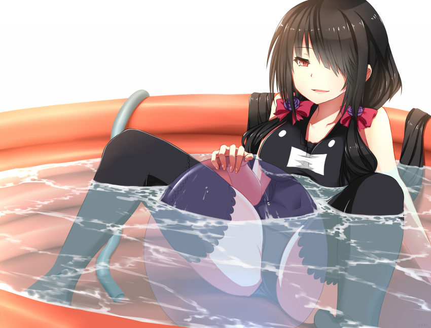 1girl black_hair black_legwear bow collarbone date_a_live flower hair_bow hair_ornament hair_over_one_eye hews_hack highres hose long_hair one-piece_swimsuit open_mouth pool purple_rose red_eyes rose short_twintails solo swimsuit thigh-highs tokisaki_kurumi twintails very_long_hair water white_background