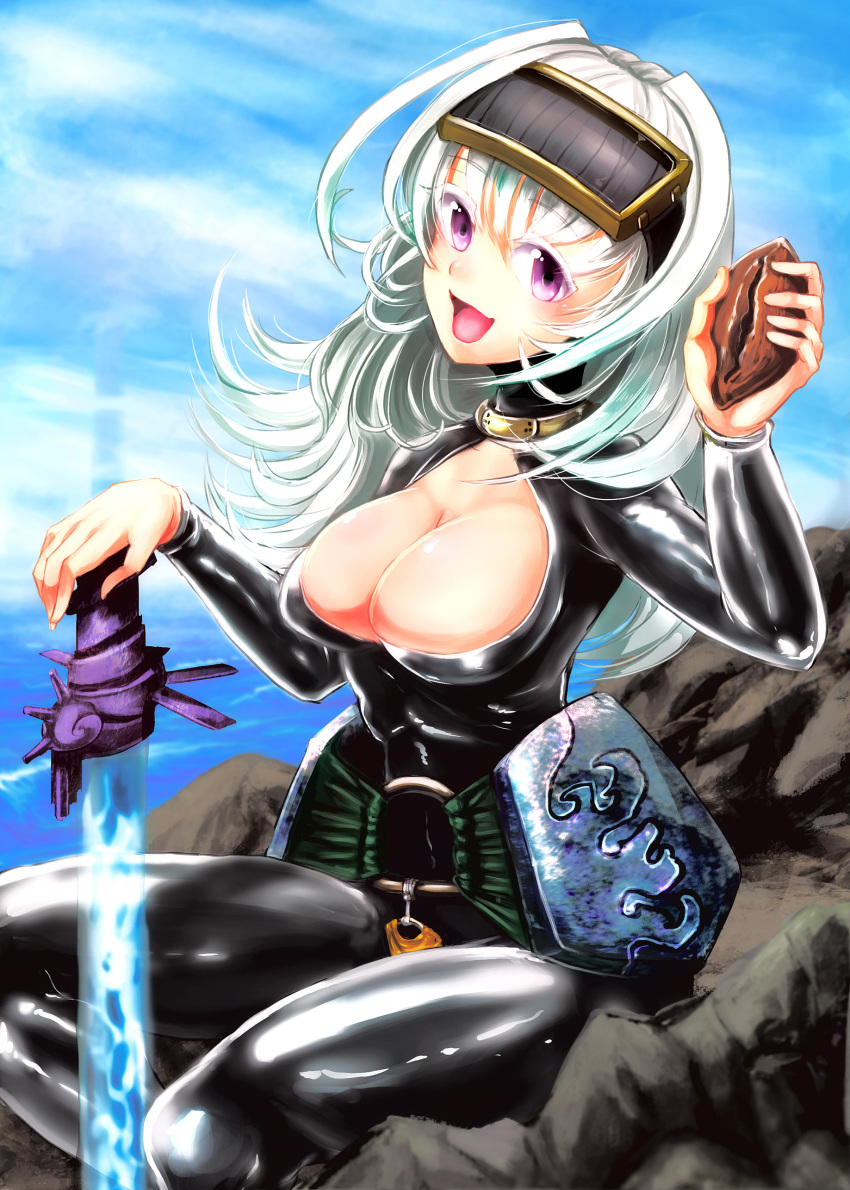 1girl :d absurdres breasts cleavage colored_eyelashes diving_mask diving_suit highres kitayuki_kajika long_hair open_mouth original sitting smile solo violet_eyes white_hair