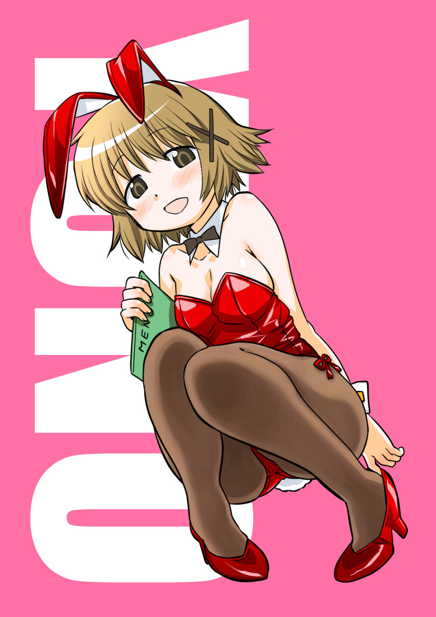 1girl a-10_(artist) animal_ears bare_shoulders blush bowtie breasts brown_eyes brown_hair bunny_girl bunnysuit cleavage detached_collar fishnets hair_ornament hairclip hidamari_sketch large_breasts looking_at_viewer menu open_mouth pantyhose rabbit_ears short_hair smile solo squatting wrist_cuffs yuno
