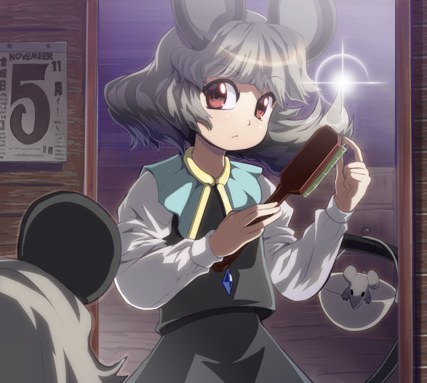 1girl animal_ears basket brush brushing calendar_(object) grey_hair highres jewelry long_sleeves mirror mouse mouse_ears mouse_tail nazrin pendant red_eyes reflection shope short_hair solo tail touhou