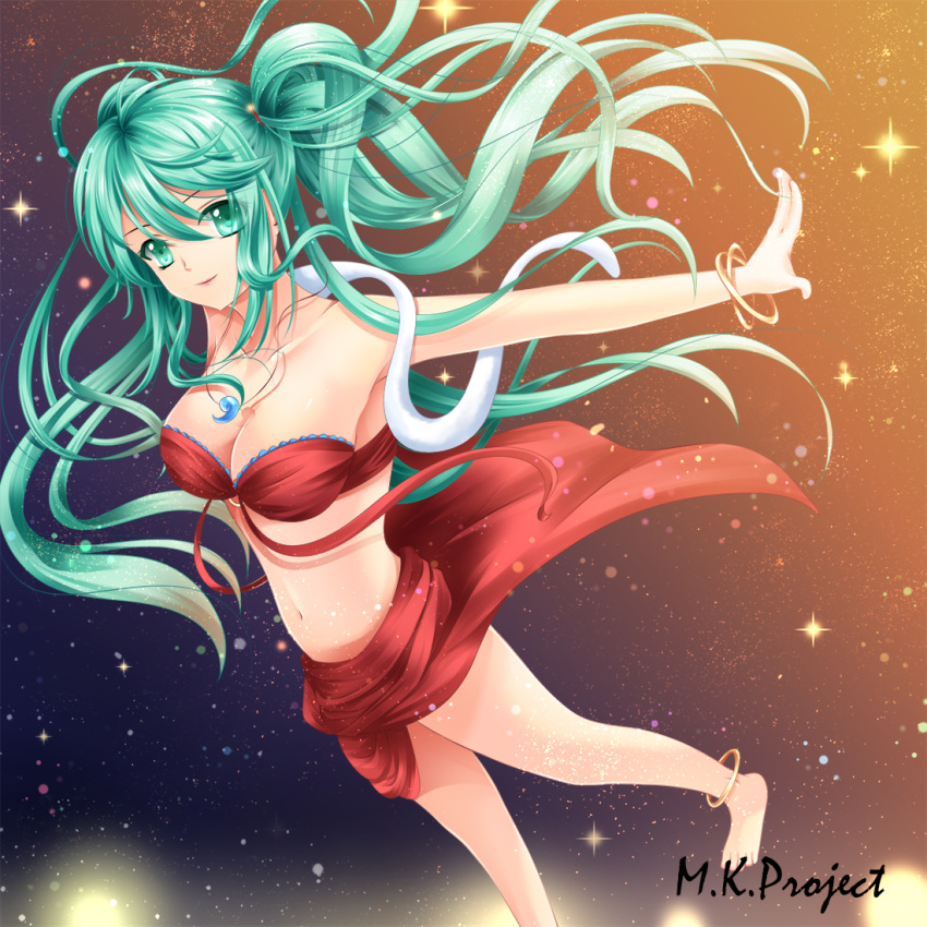 1girl anklet bracelet breasts cleavage green_eyes green_hair hatsune_miku jewelry long_hair outstretched_arms solo spread_arms toshi_(1-147) twintails very_long_hair vocaloid