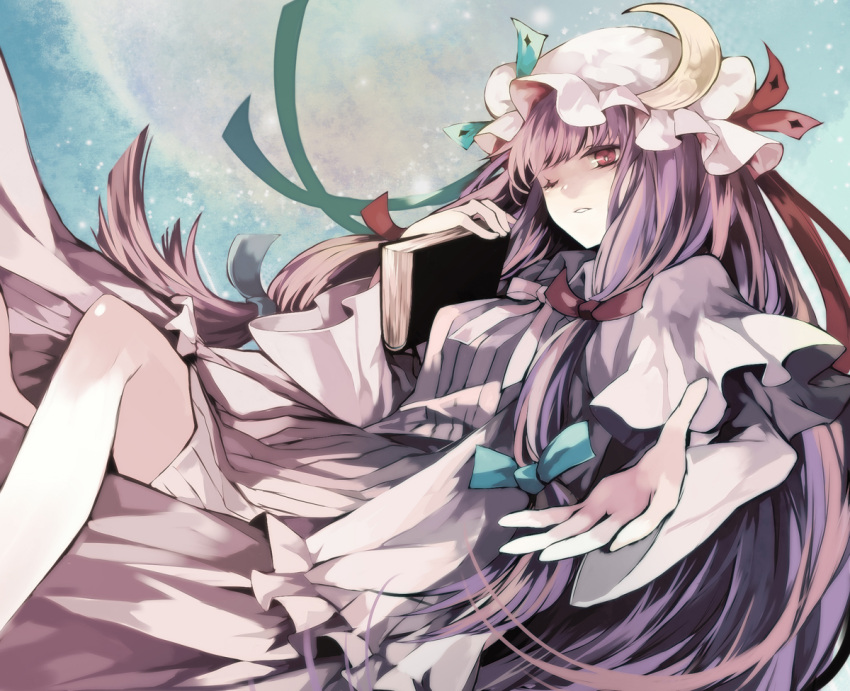 1girl bare_legs bow capelet crescent hair_bow hat hat_ribbon hina_(pico) long_hair looking_at_viewer outstretched_hand parted_lips patchouli_knowledge purple_hair ribbon solo touhou very_long_hair violet_eyes wink