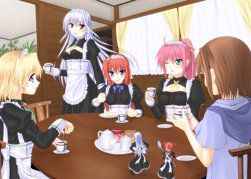 6+girls agito alternate_costume apron blonde_hair blue_eyes bow braid breasts brown_hair cake cleavage cup earrings enmaided food jewelry long_hair lyrical_nanoha mahou_shoujo_lyrical_nanoha mahou_shoujo_lyrical_nanoha_a's maid maid_headdress minigirl multiple_girls pink_hair ponytail red_eyes redhead reinforce reinforce_zwei shamal short_hair signum silver_hair smile sooichi_(diabolicemission) spoon teacup twin_braids twintails two_side_up violet_eyes vita yagami_hayate