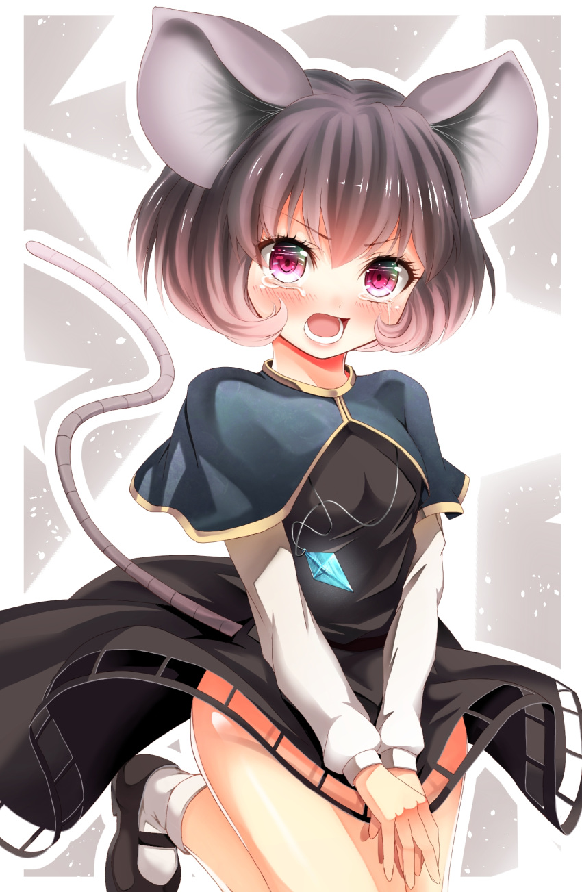 1girl animal_ears bare_legs blush capelet covering dress embarrassed grey_eyes grey_hair highres jewelry long_sleeves mary_janes mikoma_sanagi mouse_ears mouse_tail nazrin open_mouth pendant red_eyes shoes short_hair socks solo tail tears touhou v_arms white_legwear