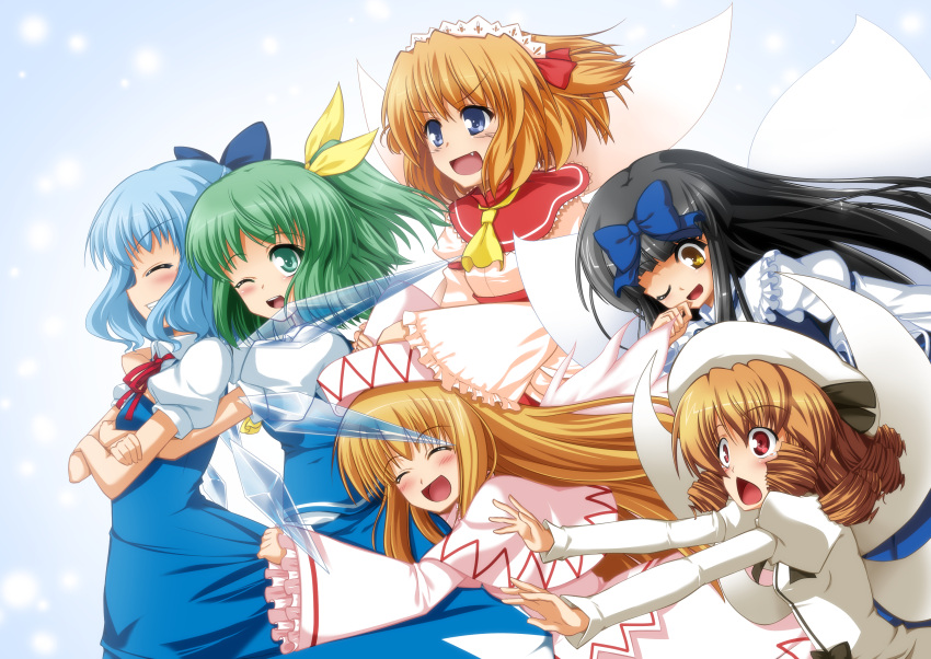 6+girls black_hair blonde_hair blue_eyes blue_hair blush bow brown_hair capelet cirno closed_eyes daiyousei dress drill_hair eiyuu fairy_wings fang green_hair hair_bow hair_ornament hat hug ice ice_wings lily_white long_hair luna_child maid_headdress multiple_girls open_mouth red_eyes ribbon short_hair short_sleeves skirt smile star_sapphire sunny_milk touhou twintails wings wink yousei_daisensou