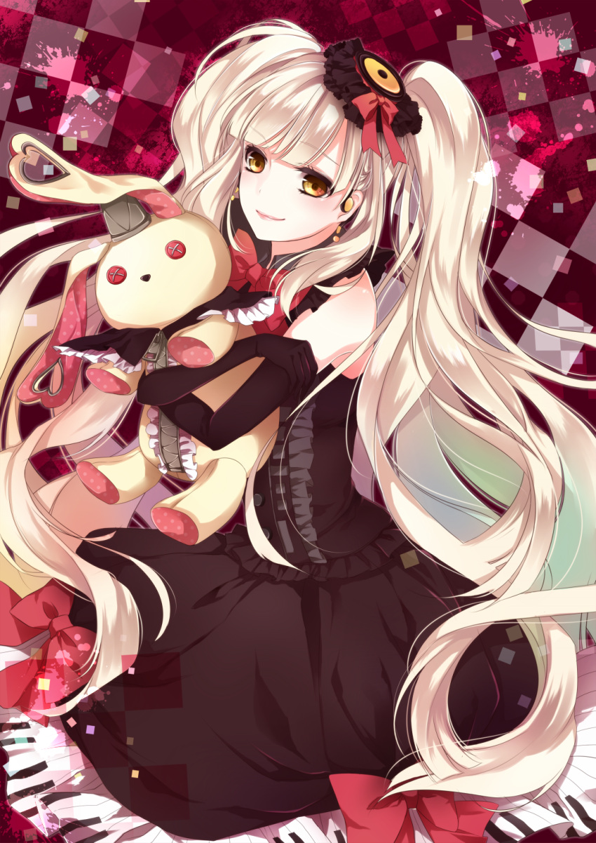1girl an-mar blonde_hair bow doll dress elbow_gloves gloves looking_at_viewer mayu_(vocaloid) piano_print smile stuffed_toy twintails vocaloid yellow_eyes