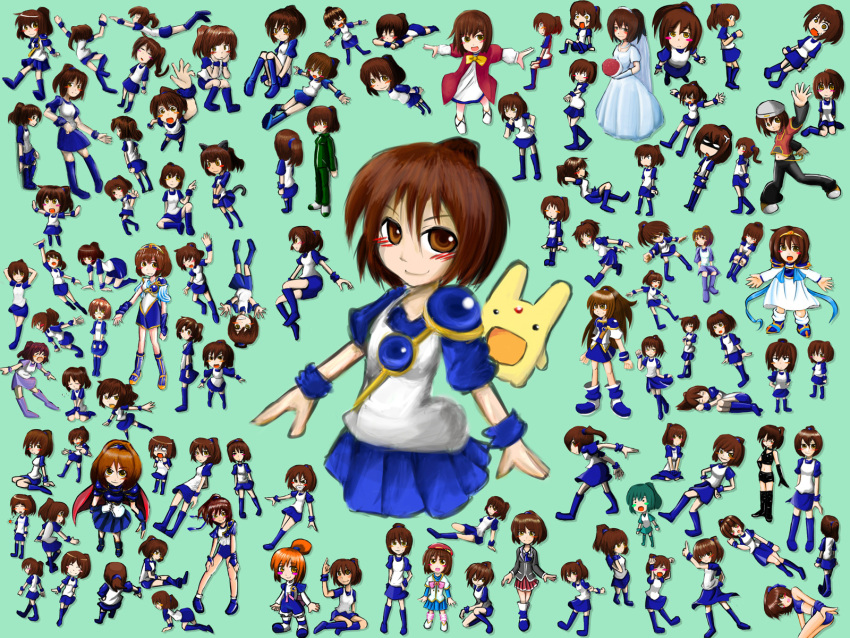 alternate_costume alternate_hair_color arle_nadja arm_up blush_stickers bouquet brown_eyes brown_hair cape carbuncle chibi dress flower green_background hat highres lying multiple_persona no_legs open_mouth outstretched_arms pauldrons ponytail puyopuyo shaded_face short_hair simple_background sitting tokito_(star) wallpaper wedding_dress