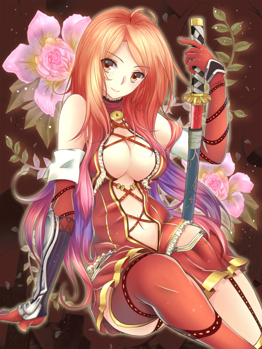 1girl akai_katana aki663 ayase_nazuna_(akai_katana) boots detached_sleeves garter_straps gloves highres katana long_hair miniskirt red_legwear redhead sheath skirt solo sword tagme thigh-highs thigh_boots unsheathed vambraces weapon zettai_ryouiki