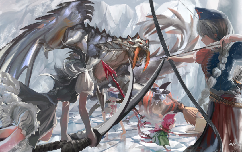 5girls ameru.miro animal_ears apron arrow barioth bat_wings blue_eyes blue_hair blush bow_(weapon) braid breasts broom cat_ears cat_tail dress dual_wielding hair_ribbon hairband hat kaenbyou_rin katana kirisame_marisa konpaku_youmu monster monster_hunter multiple_girls nurse_cap polearm pyonta red_eyes redhead remilia_scarlet ribbon shield short_hair silver_hair skirt spear spear_the_gungnir sword tail touhou vest wakizashi weapon wheelbarrow wings witch_hat yagokoro_eirin