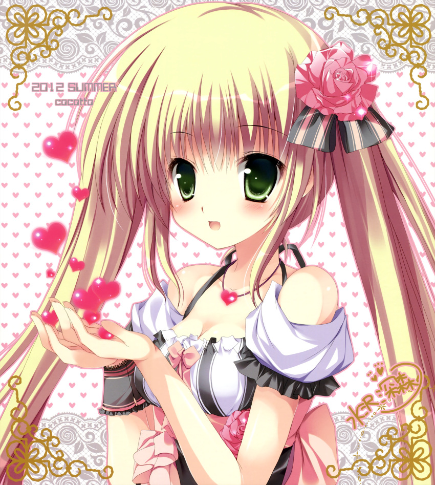 1girl 2012 :d absurdres blonde_hair breasts cleavage dress green_eyes heart heart_necklace highres jewelry mizusawa_mimori necklace open_mouth smile tagme twintails