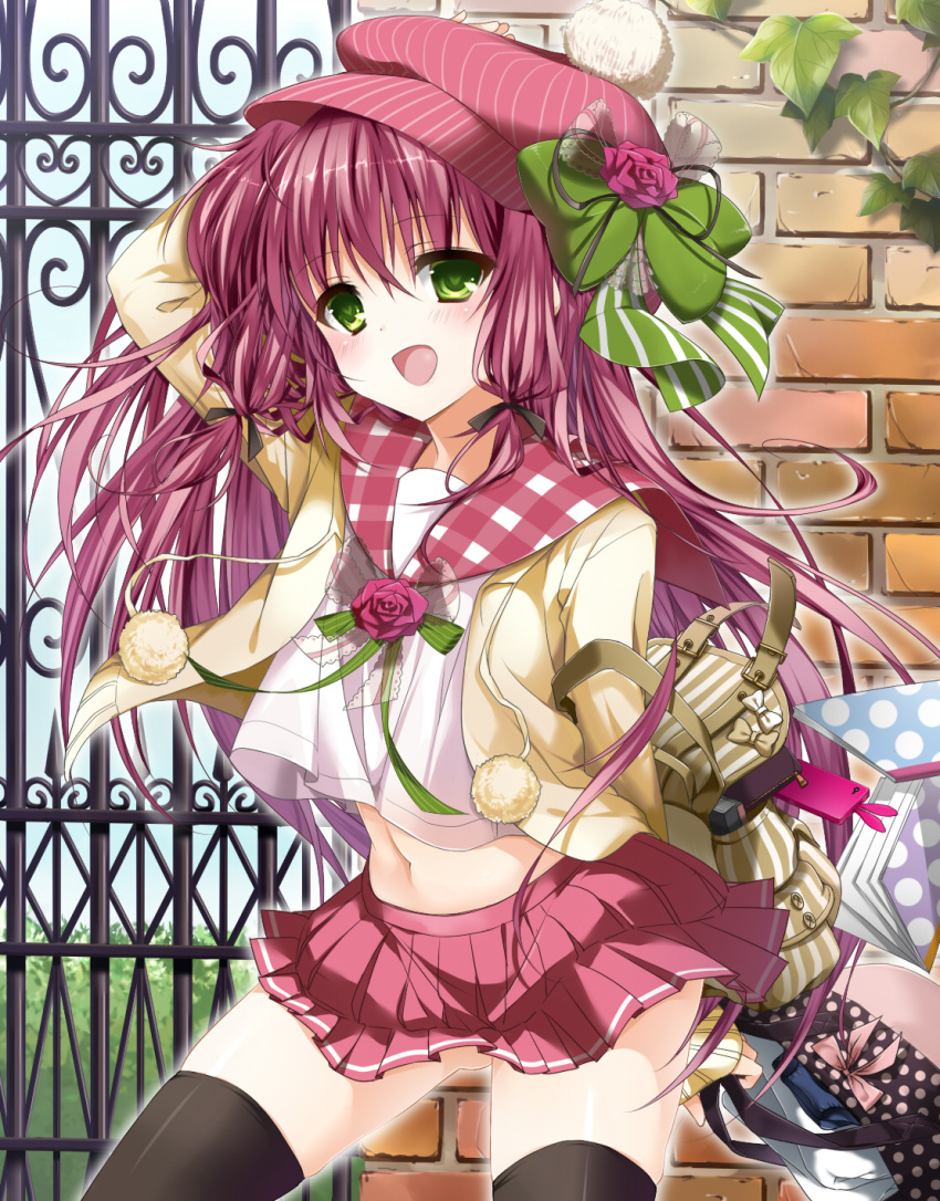 backpack bag blush bow cardigan fence green_eyes hat heart heart-shaped_pupils long_hair navel original pink_hair school_uniform skirt smile symbol-shaped_pupils thigh-highs yuushi_toshihiko zettai_ryouiki