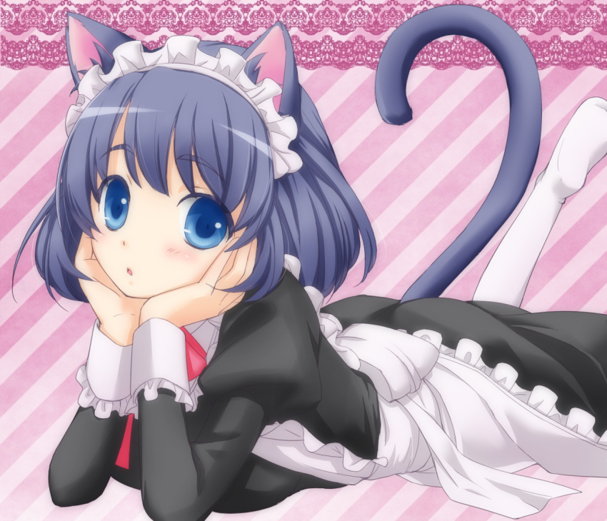 1girl animal_ears blue_eyes blue_hair blush cat_ears cat_tail colored jellybeens138 looking_at_viewer maid maid_headdress monochrome original pantyhose solo tail