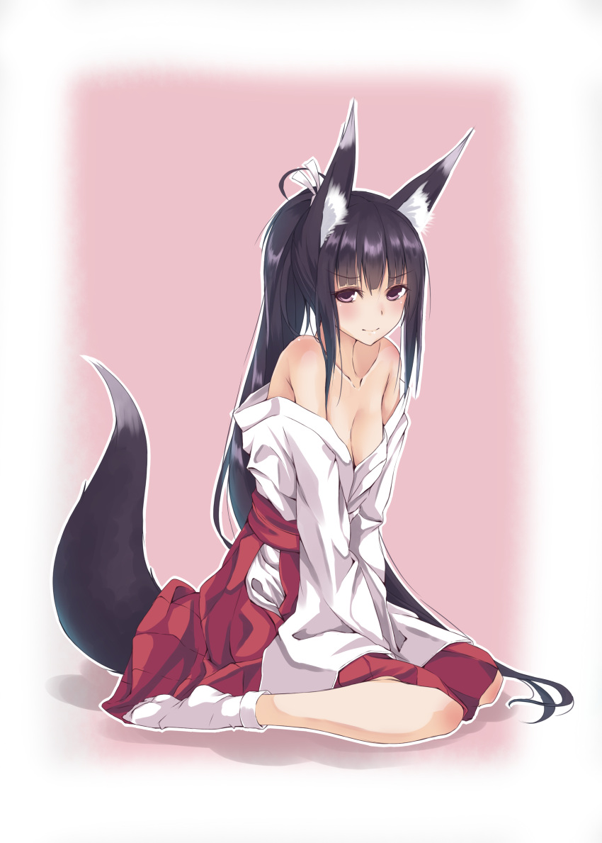 1girl animal_ears black_hair breasts cleavage fox_ears fox_tail hakama japanese_clothes long_hair miko off_shoulder second_heaven sitting tagme tail very_long_hair violet_eyes wariza